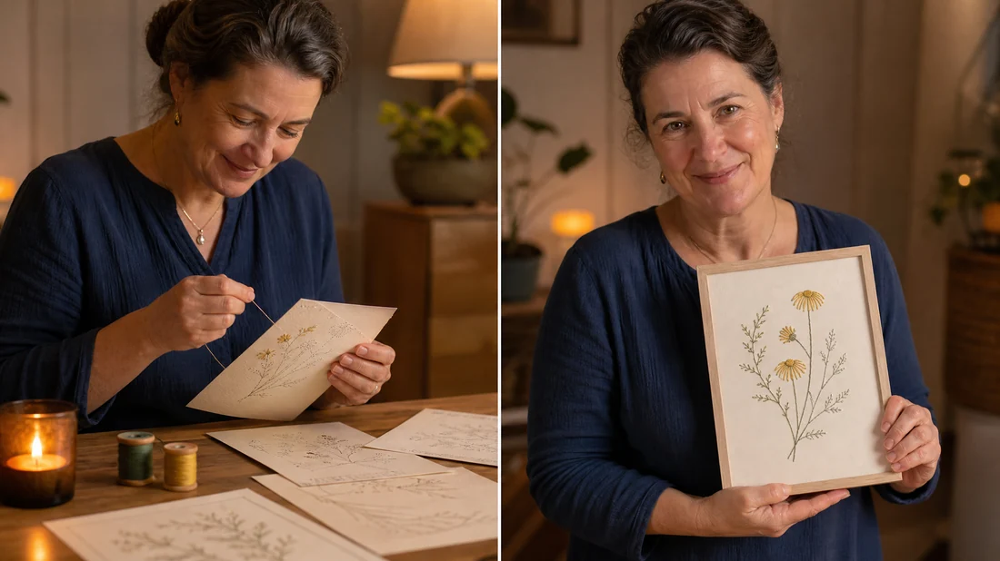 Before and after: overwhelmed by tangled charts, then calm and smiling holding a finished Evening Stitch piece
