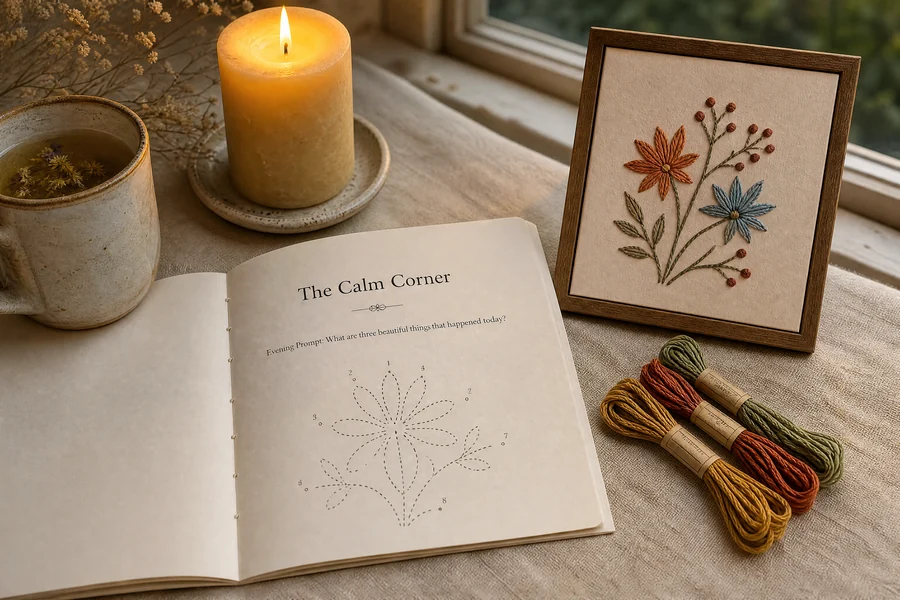 The Calm Corner — open evening workbook by a window with candle, tea and hoop