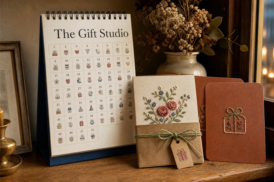 The Gift Studio — a finished piece wrapped as a gift with tag and note cards