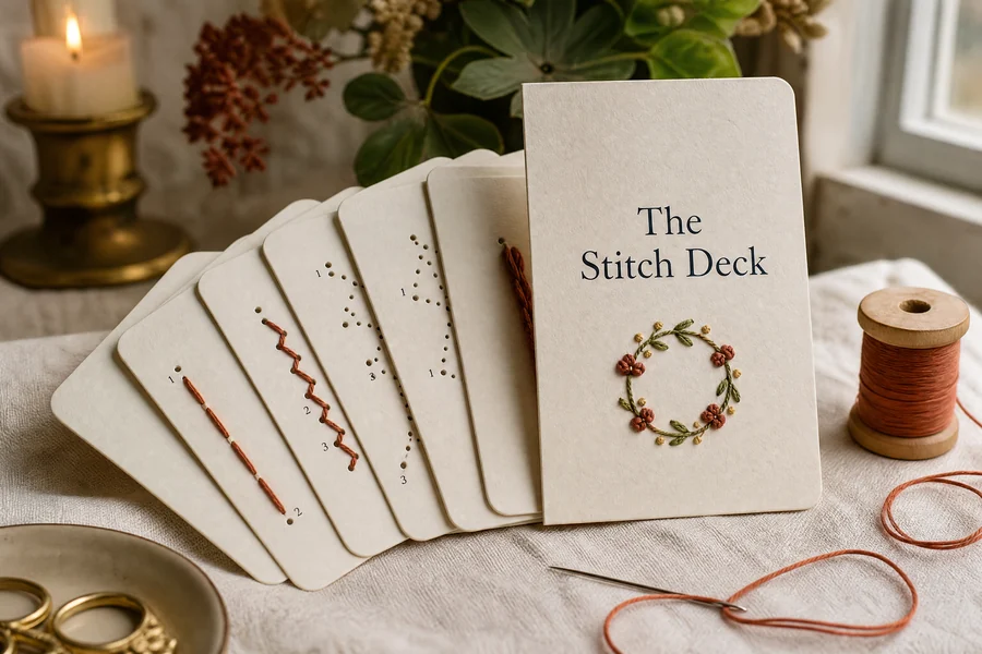 The Stitch Deck — printable stitch-reference cards, needle and floss