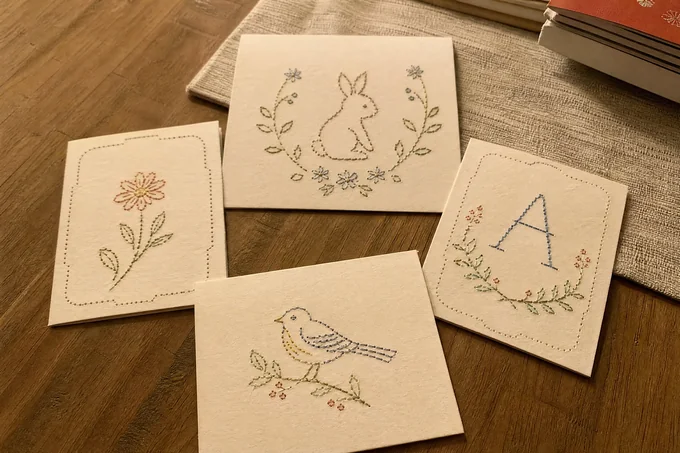 Several small finished paper-embroidery pieces made as gifts