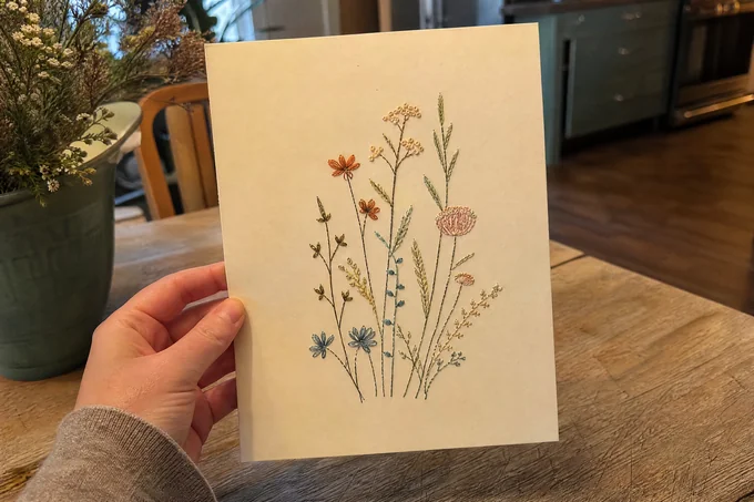 A finished wildflower paper-embroidery card held in hand