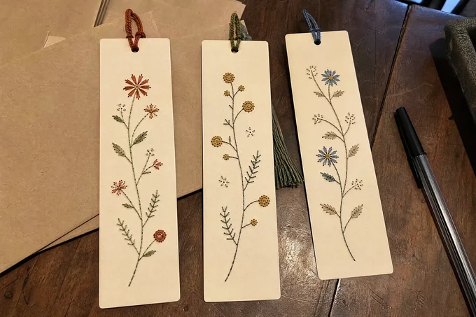Three finished paper-embroidery bookmarks ready to ship
