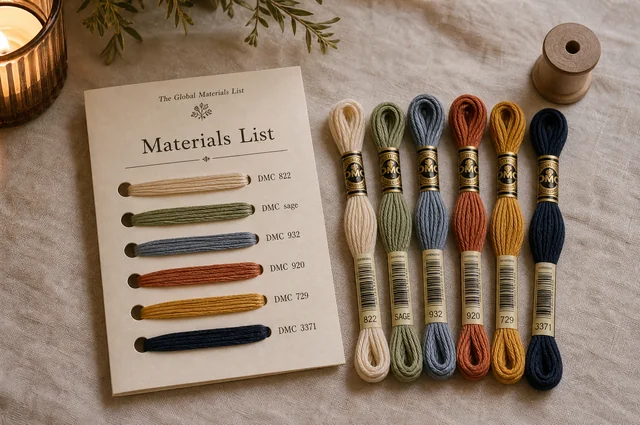 The Global Materials List with floss swatches
