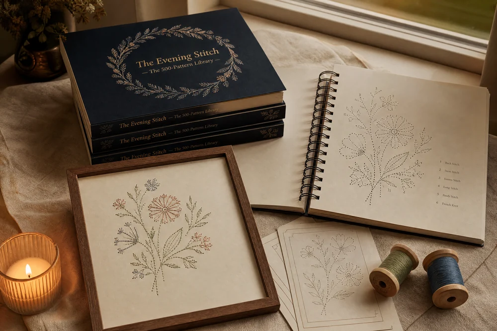The Evening Stitch — the 500-Pattern Library book, an open pattern, a finished framed paper-embroidery piece, pattern cards and floss spools in warm evening light