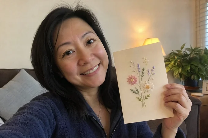 Yvonne B. holding her finished paper-embroidery card