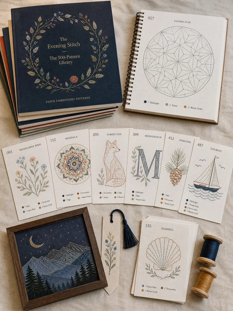 Everything included in The Evening Stitch — the 500-pattern library, Stitch Deck cards, guides and workbook, framed finished paper pieces, tasseled bookmarks, floss and scissors